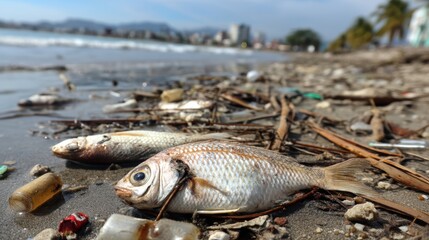 Ocean Pollution Impact on Sea Life: Dead Fish on the Shore