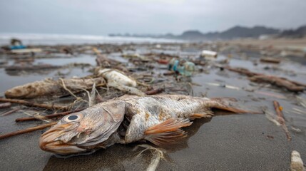 Ocean Pollution Impact on Sea Life: Dead Fish on the Shore
