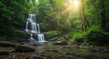 Jungle Waterfall Oasis Sunlit Cascade of Serenity in Lush Greenery.