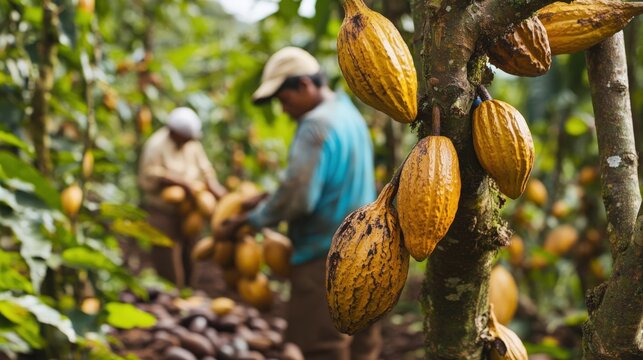 Cocoa pods on a tree with workers in a plantation.