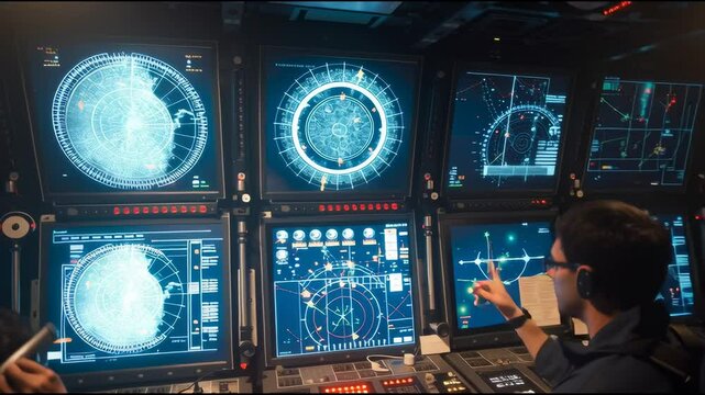 Command center interior showing multiple radar screens and operators monitoring airspace and sea traffic &mdash; dark, moody, glowing interface