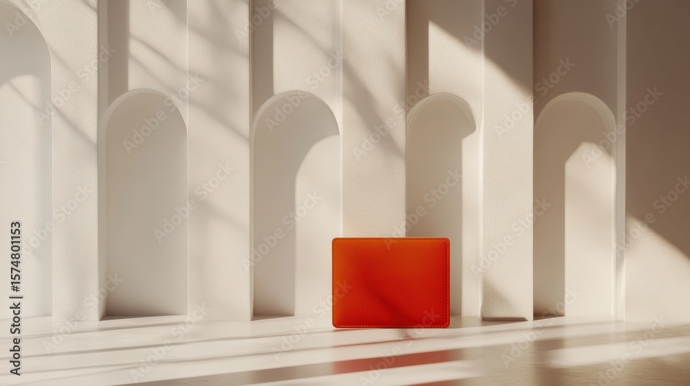 Fototapete minimalist display setting with orange block and arches.