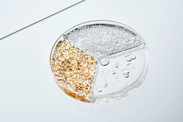 Three different serums in a three-section petri dish.