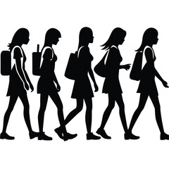 Silhouettes of Eight Young Women Walking Left to Right in Vector Illustration