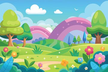 Whimsical landscape with rainbow and colorful flowers