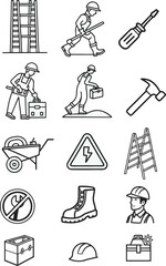 Construction Icons Tools, Workers and Equipment