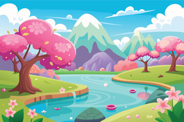 Obraz premium Vibrant spring landscape with cherry blossoms and snow capped mountains