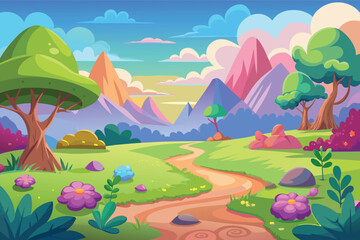 Whimsical cartoon landscape with colorful mountains and a winding path