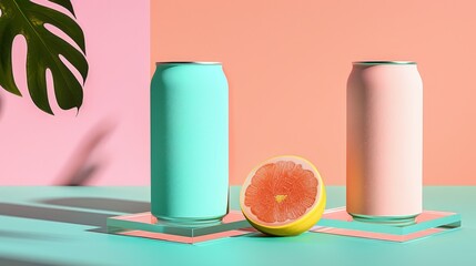 Pastel Drinks and Fresh Fruit: A Playful Summer Scene with Bright Colors and Clean Lines for Refreshing Beverage Marketing