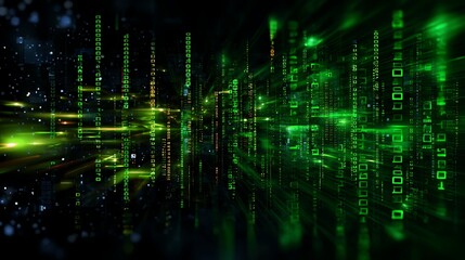 Digital Realm: Neon green matrix of code. This mesmerizing digital scene depicts a futuristic network, showcasing the abstract beauty of technological innovation.