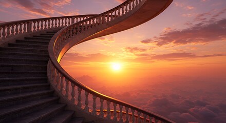 Elegant Curved Staircase with Ornate Railing Overlooking Sunset Sky and Cloudscape