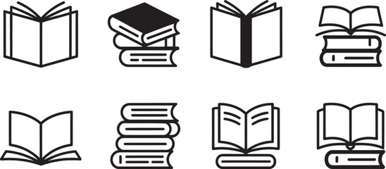 Set of Open and Stacked Book Icons – Black and White Book Silhouette Vector Collection