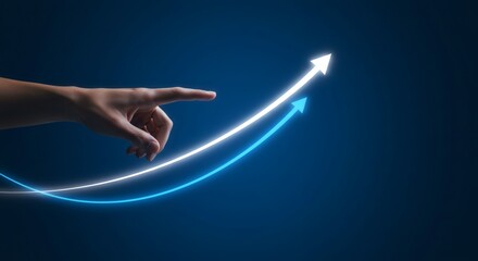 Guiding Growth Hand points to rising arrows on blue with success ahead.