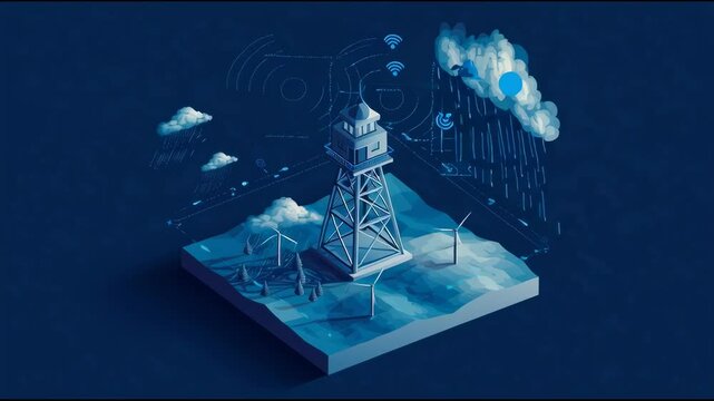 Minimalist isometric illustration of a weather radar station surrounded by rain, clouds, and wind icons &mdash; clean, infographic style