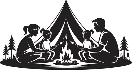 Silhouette of a Family Camping and Roasting Marshmallows by Campfire in Front of Tent
