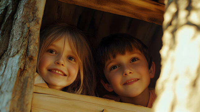 dos ni&ntilde;os peque&ntilde;os amigos primos o hermanos asomandose por una ventana de una casa del arbol hecha de madera para jugar y divertirse en su infancia