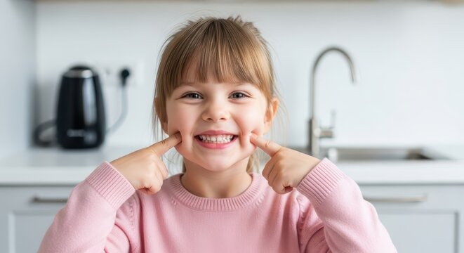 A happy young girl with bangs smiles brightly, pointing to her cheeks with her fingers