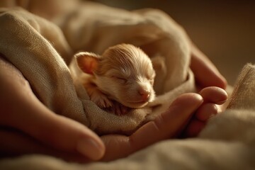 A heartwarming close-up of a tiny, sleeping Chihuahua puppy nestled gently in human hands, wrapped in a soft, neutral-toned cloth, exuding peace and comfort.