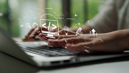 Modern web development concept featuring coding symbols, web development process, web development...