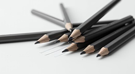 Black Pencils with Erasers and Fine Lines on White Background for Drawing and Sketching