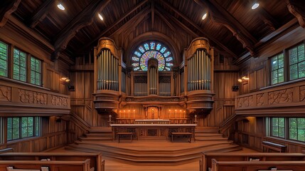 Beautiful wooden church interior with organ with stained glass.