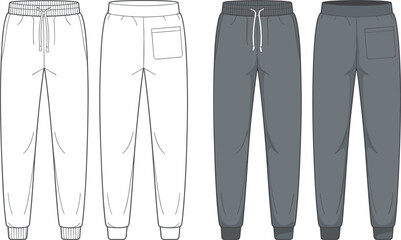 Technical flat sketches and colored renders of men's fleece sweatpants with elasticated cuffs and drawstring, ideal for activewear and casual fashion design. © MDABDULLAHAL