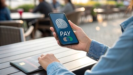 Woman uses mobile application for payments at an outdoor restaurant, promoting convenience and modern financial transactions at a cafe.