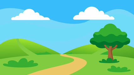 Obraz premium Cartoon landscape with rolling green hills a winding path and a single tree