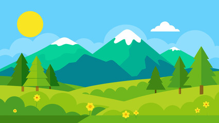 Obraz premium Vibrant cartoon landscape with snow capped mountains green hills pine trees and yellow flowers under a sunny sky
