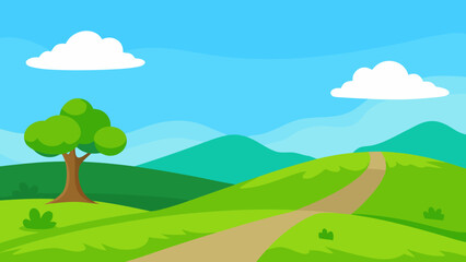 Cartoon landscape with rolling green hills a winding path and a lone tree
