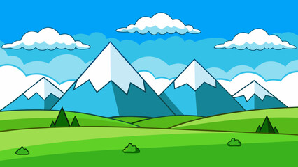 Fototapeta premium Stylized cartoon landscape with snow capped mountains and green rolling hills