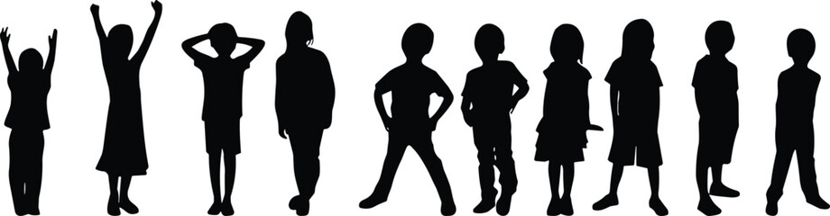 Set of diverse children silhouettes in various standing poses, perfect for symbolizing childhood, growth, and group dynamics.