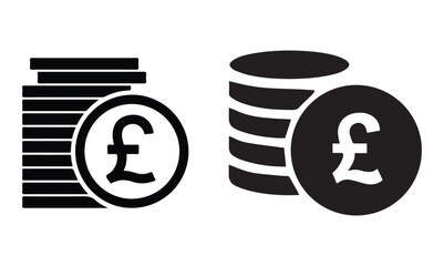 Money bag icon. Pound sterling coins stack icon black isolated on transparent background. Vector illustration eps file.