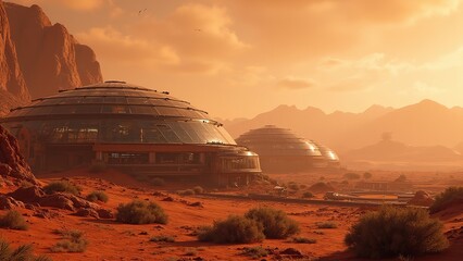 Futuristic Martian Colony with Dome-Shaped Structures on Red Terrain