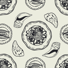 Minimalist hand drawn pasta vector seamless pattern. Different Mediterranean spaghetti types. Italy la dolce vita coast food for wrapping paper, textile.