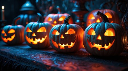 Fototapeta premium Glowing Pumpkins with Carved Faces Stand on a Table