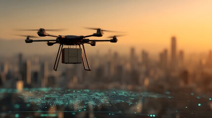 Futuristic drone delivery system flying over smart city with GPS navigation interface real time data overlay and AI logistics optimization seen from birds eye view against sunset skyline background