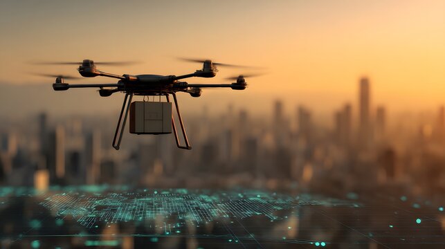 Futuristic drone delivery system flying over smart city with GPS navigation interface real time data overlay and AI logistics optimization seen from birds eye view against sunset skyline background
