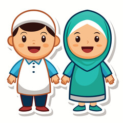 Fototapeta premium Cartoon boy and girl in traditional Muslim clothing