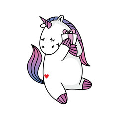 A charming unicorn character joyfully embraces a gift, showcasing colorful flowing hair and a playful demeanor. This delightful character emanates happiness and whimsy
