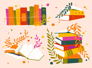 Set of colorful book stacks with leaves. Cozy vector composition for reading, education, library, and autumn-themed projects. Flat illustration on light background