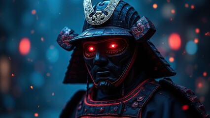 Samurai Warrior with Red Glowing Eyes and Ornate Helmet in Mystical Atmosphere