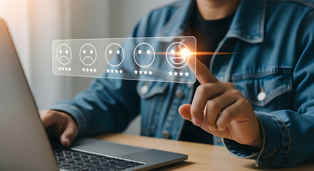 Customer satisfaction survey concept, Businessman using smartphone touch happy smiley icon, 5 star service experience rating, Feedback, Online review, Online application, Quality satisfaction review. 