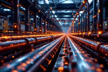Fototapeta premium Industrial Steel Mill: Glowing steel pipes in a modern steel mill. The perspective creates a sense of depth and scale within the industrial setting. 