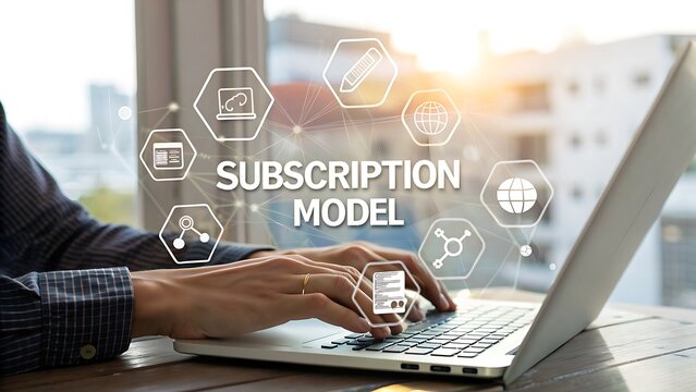 Subscription Model Concept on Laptop: User Interface, Recurring Payments, and Digital Services, Online Access.