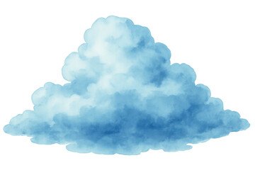 Watercolor blue cloud floating softly, delicate pastel hue drifting against transparent backdrop, rendering dreamy graphic element