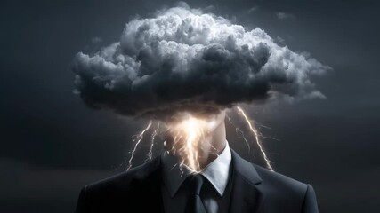 A businessman figure in formal attire stands without a head, replaced by a swirling cloud emitting lightning amidst a dark and stormy background