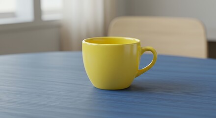 Bright Yellow Ceramic Coffee Mug on Modern Wooden Table in Cozy Kitchen Setting