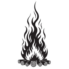 Bonfire illustration with burning flames and logs, black and white design element