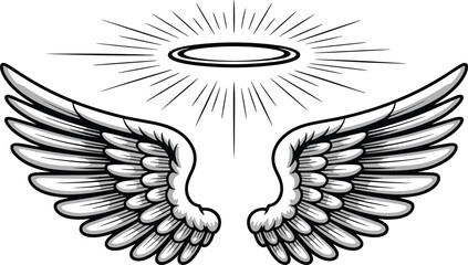 Black and white hand-drawn angel wings with radiant halo and ascension text, religious spiritual tattoo art line drawing